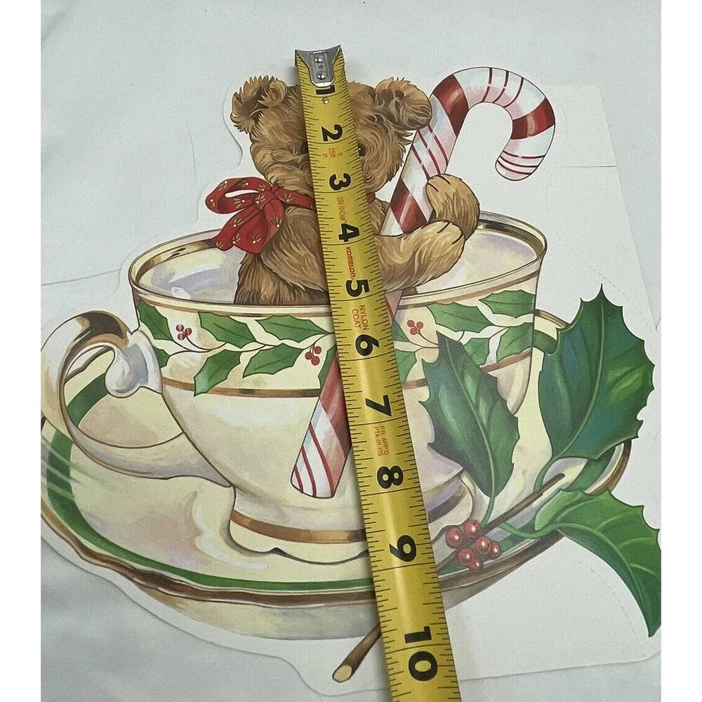 Vintage 2 Paper Magic Group Candy Cane Bear In Tea Cup Christmas Decoration 10”